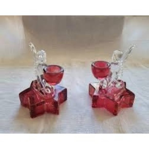 1940’s MCM Pair Christmas Angel Candle Holders with Ruby Red Glass Bases. Rare - Picture 1 of 7
